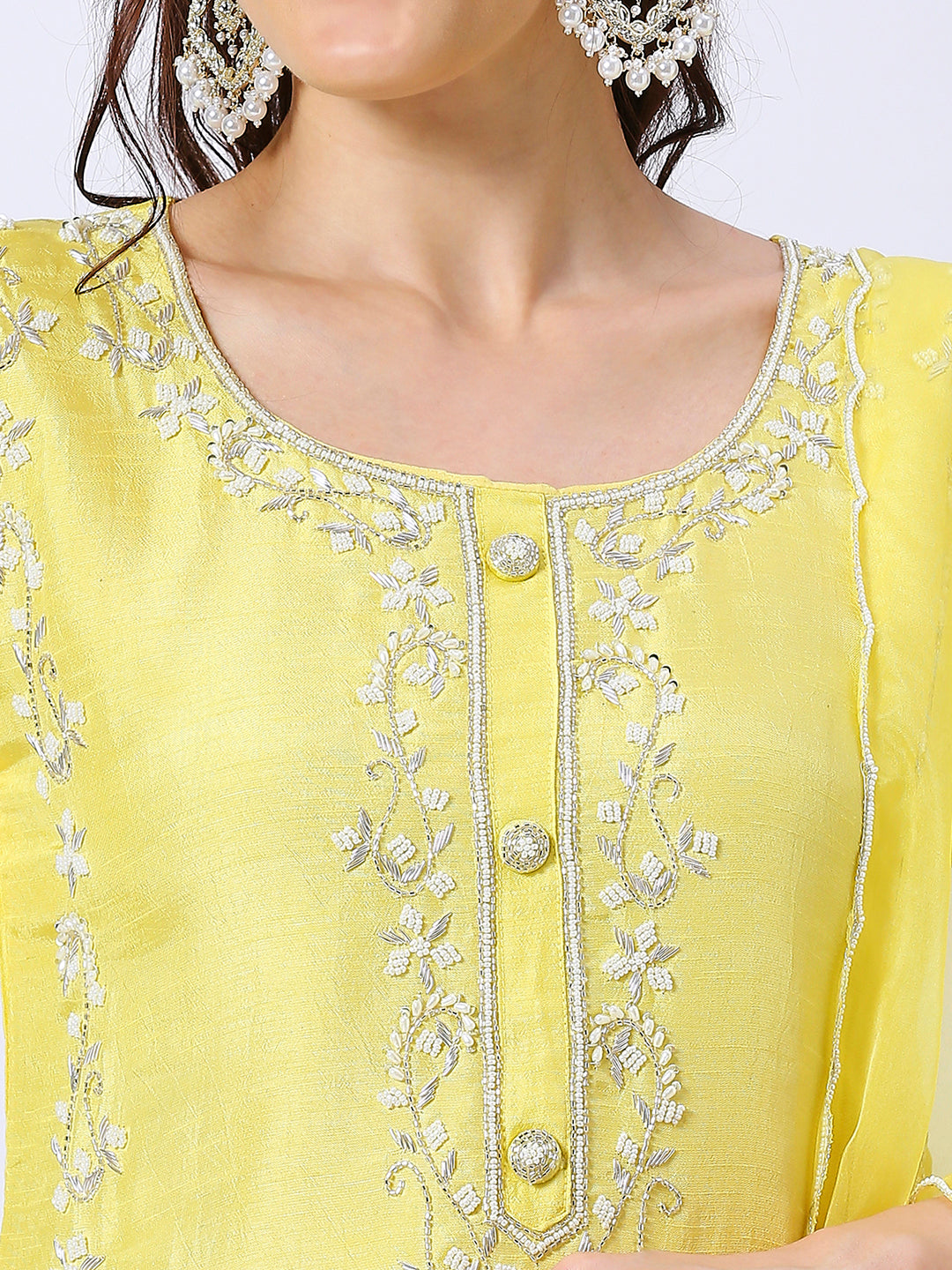 Yellow embroidered silk set