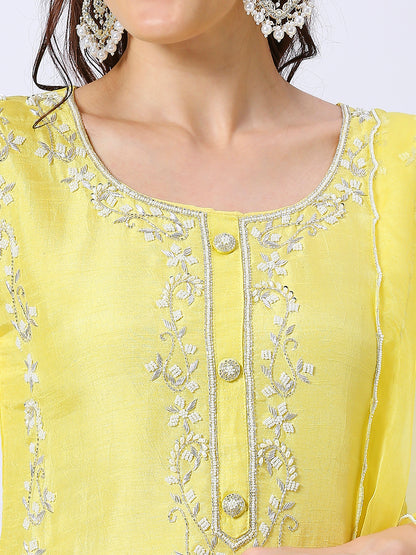 Yellow embroidered silk set