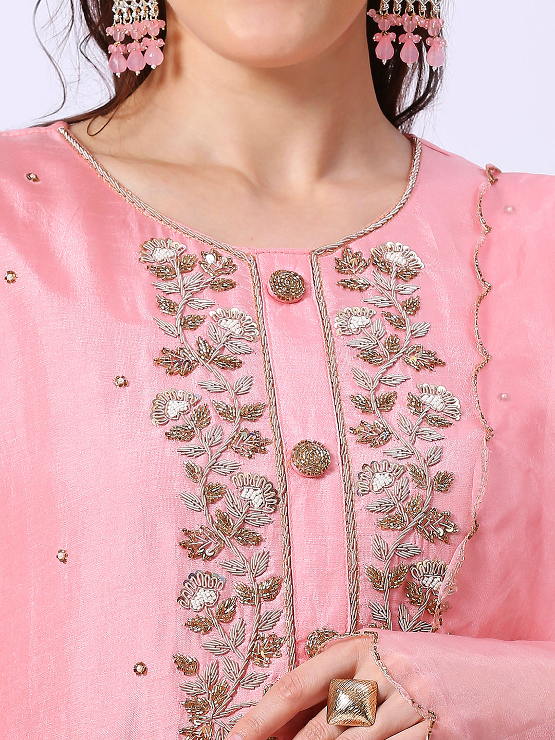 Pink Embroidered Silk Set