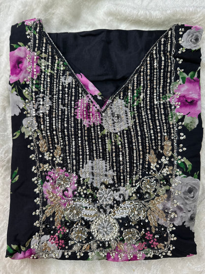 Embroidered Black Muslin Kurti With Pink Flowers