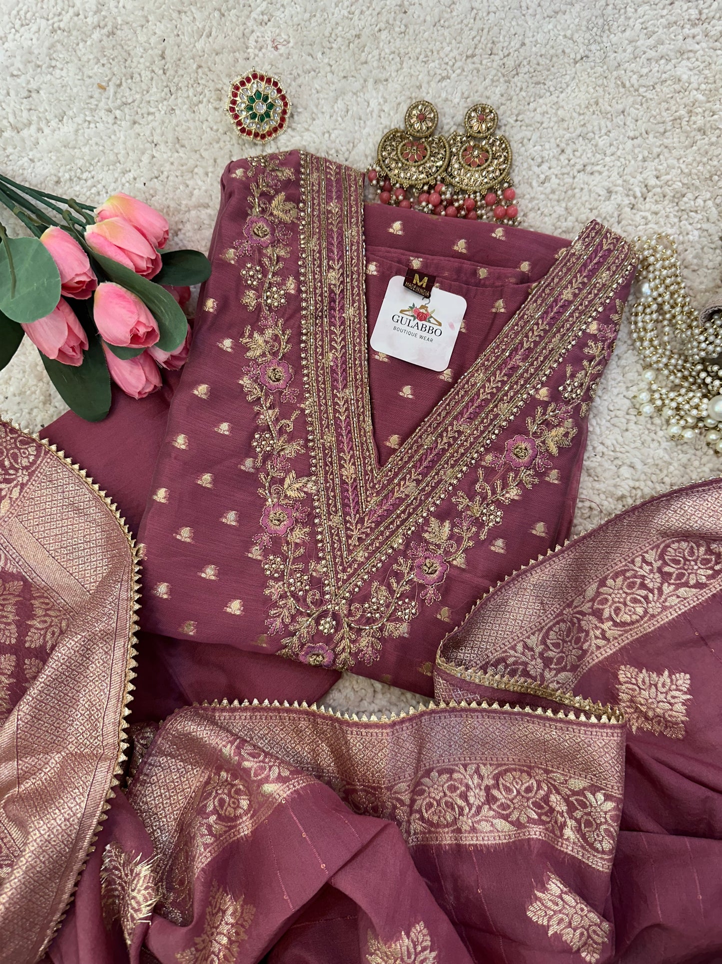 Onion Colour Silk Butti Jaquard Ensemble