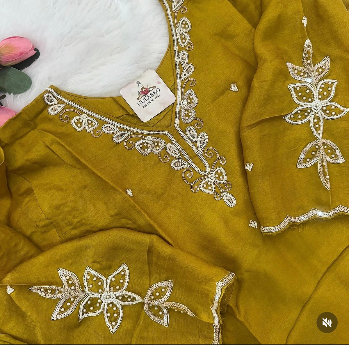 Beautiful Embroidered MustardDola Silk Kurta Set with Dupatta