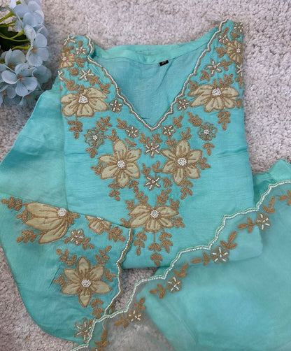 Beautiful Dola silk kurta, adorned with elegant ribbon embroidery
