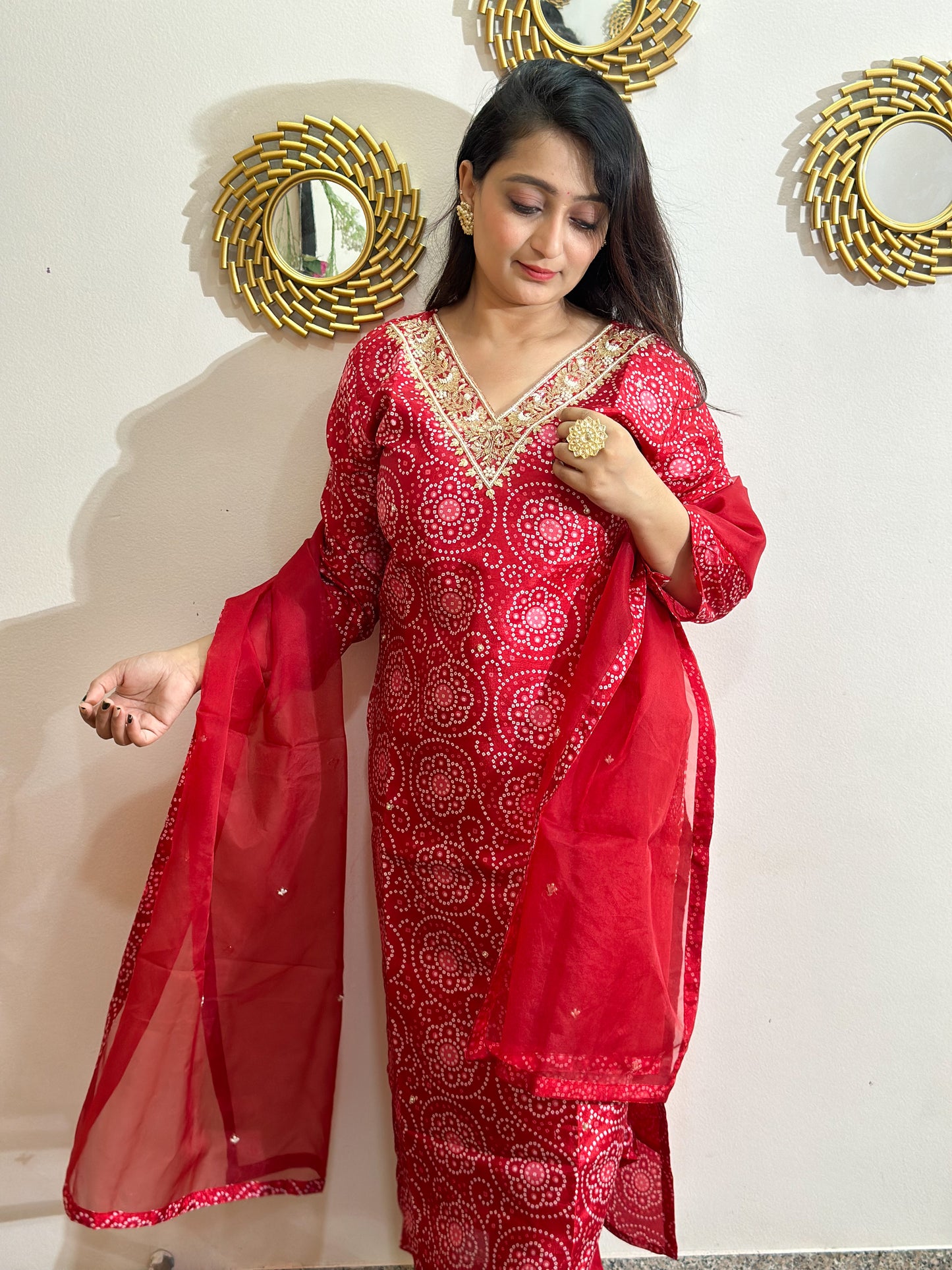 Red Embroidered Dola Silk Bandhej Kurti