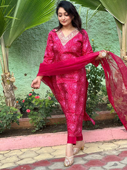 Pink Embroidered Dola Silk Bandhej Kurti