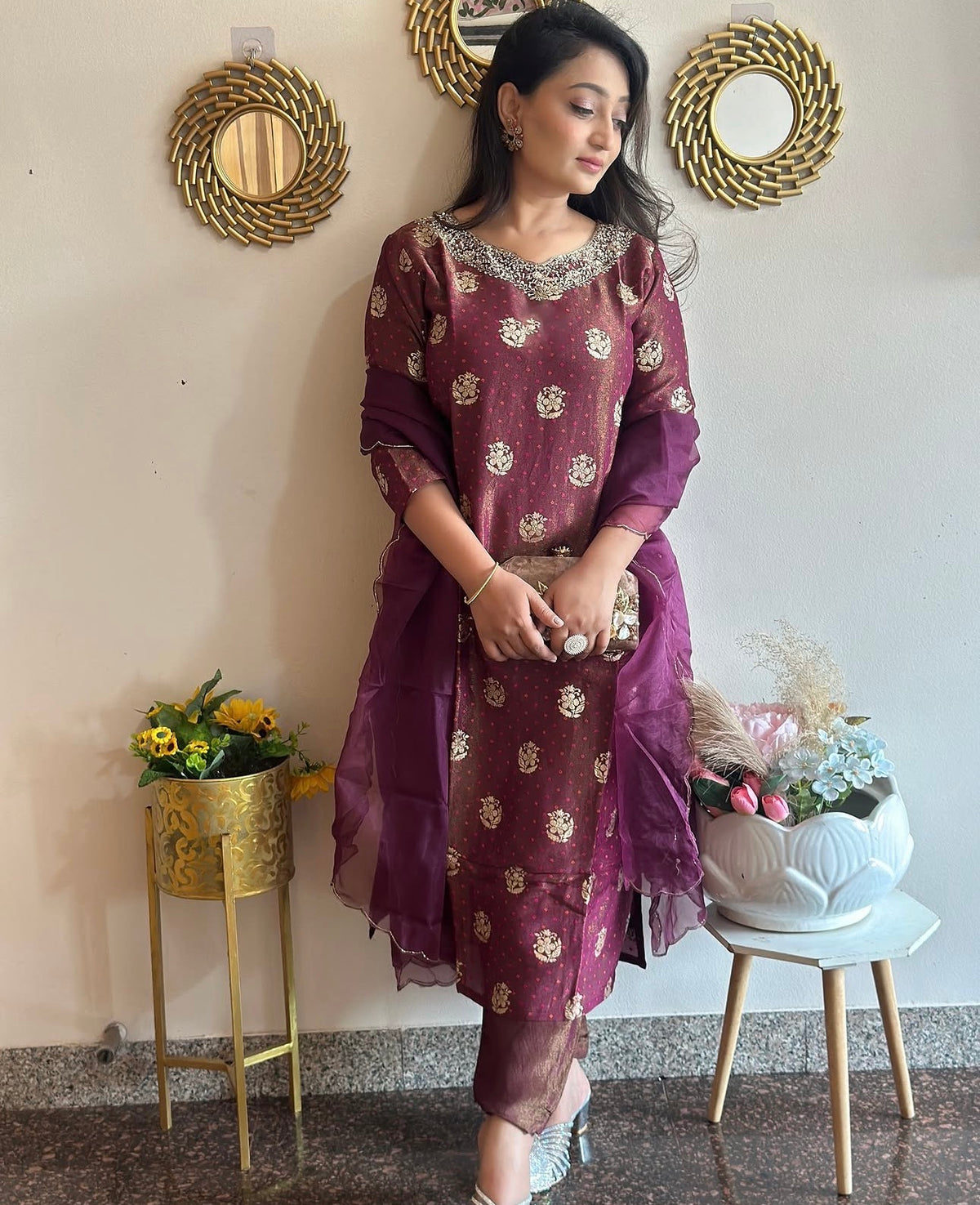 Jacquard Hand Embroidered Tissue Silk Kurta Set With organza Dupatta (wine colour)