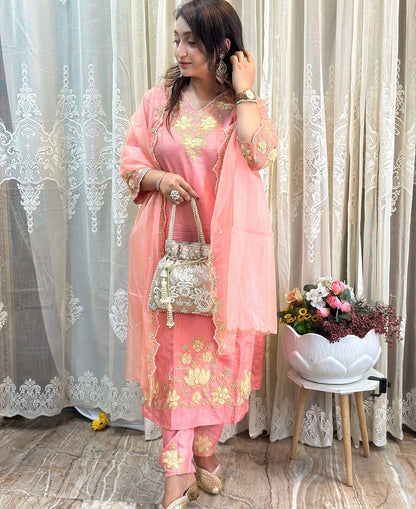 Peachy Pink Beautiful Dola silk kurta, adorned with elegant ribbon embroidery