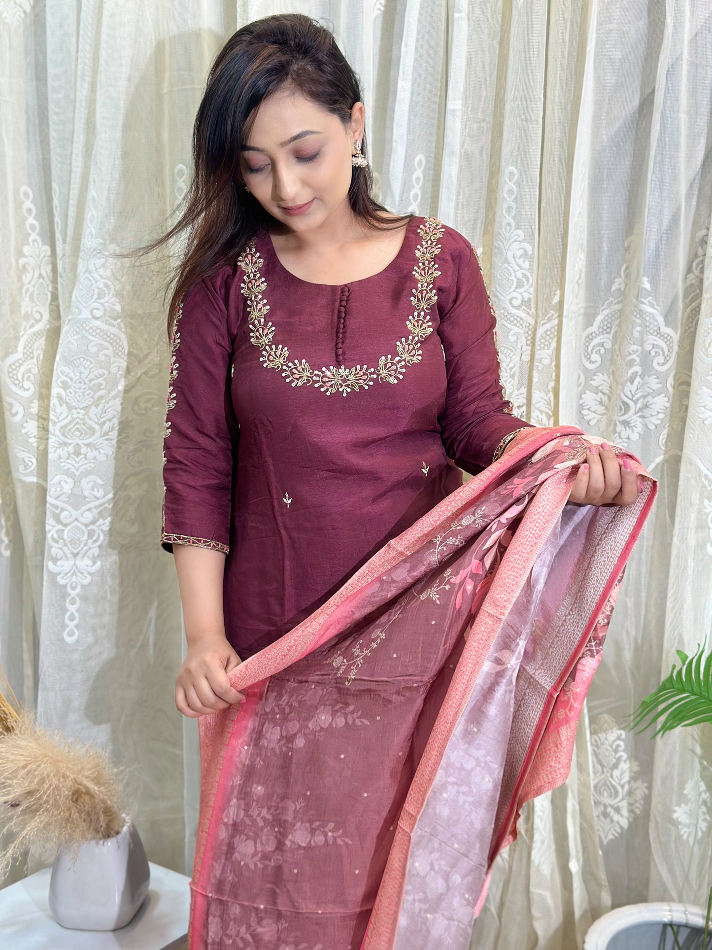 Embroidered Kurta Set with printed dupatta