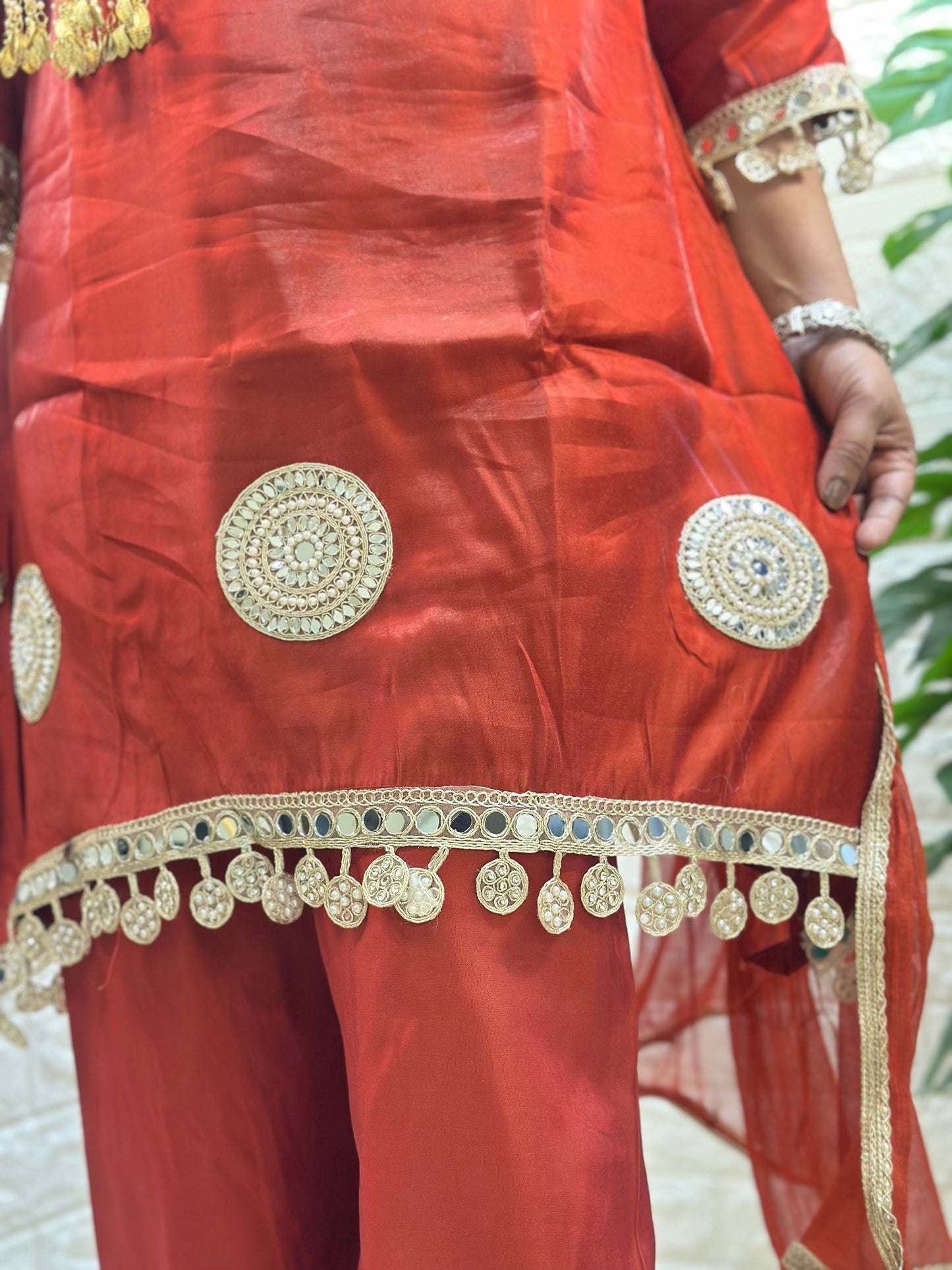 Rust colour festive kurti set with real mirror work