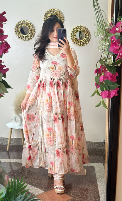 floral mulmul anarkali with a contemporary side slit