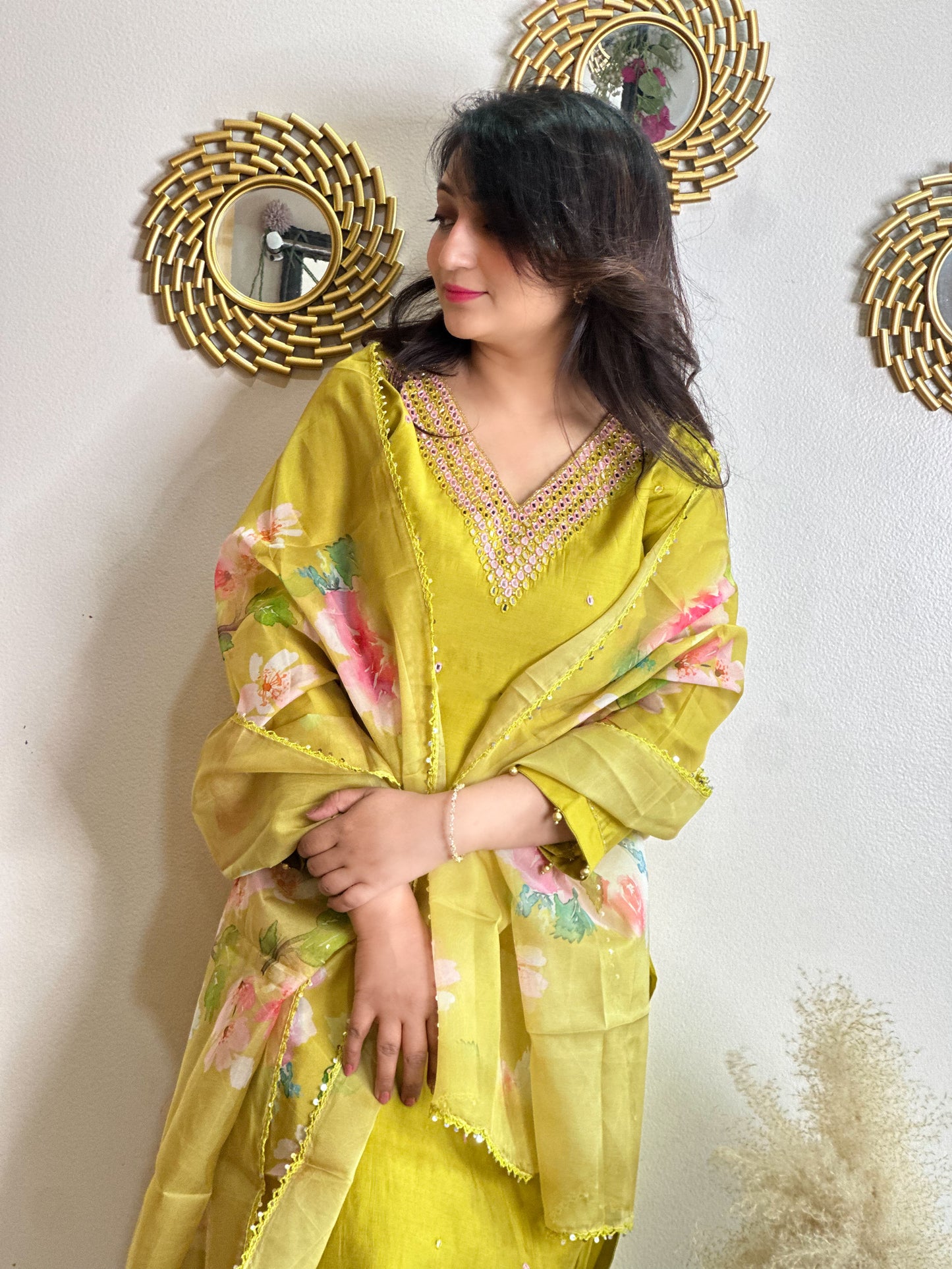 Silk Kurta Set with Floral Organza Dupatta