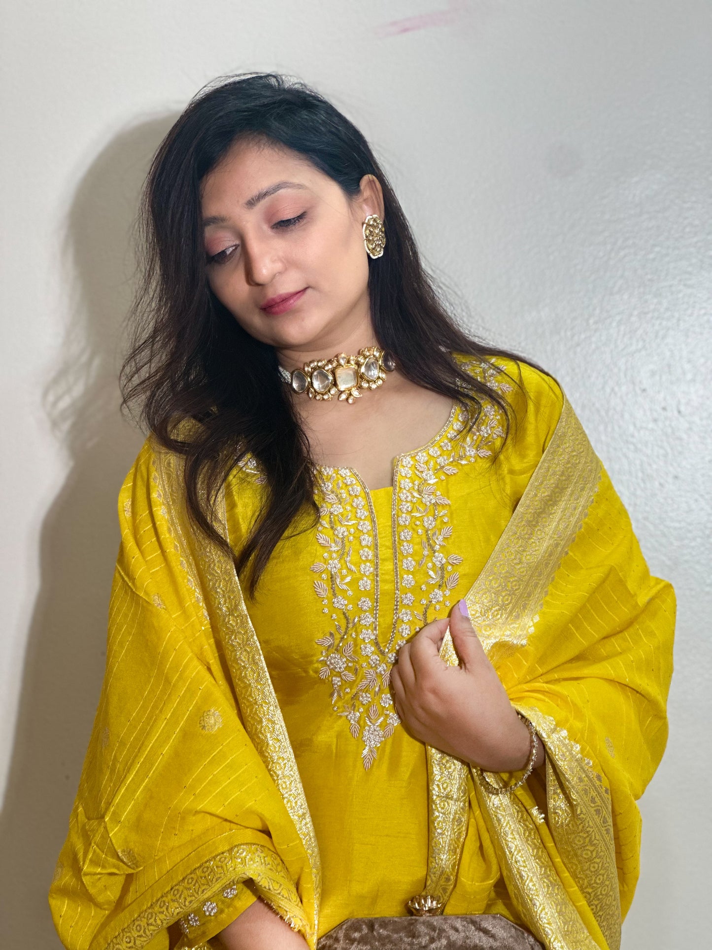 Yellow Dola Silk Kurta Set With Banarasi Dupatta