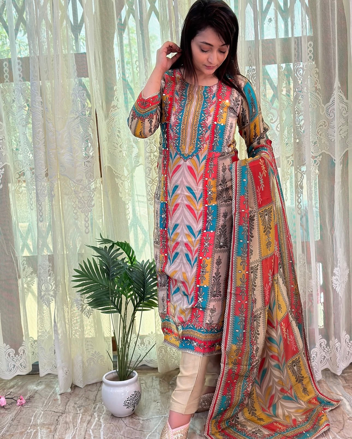 Elegant Pure Muslin Dress Set with Mirror Work