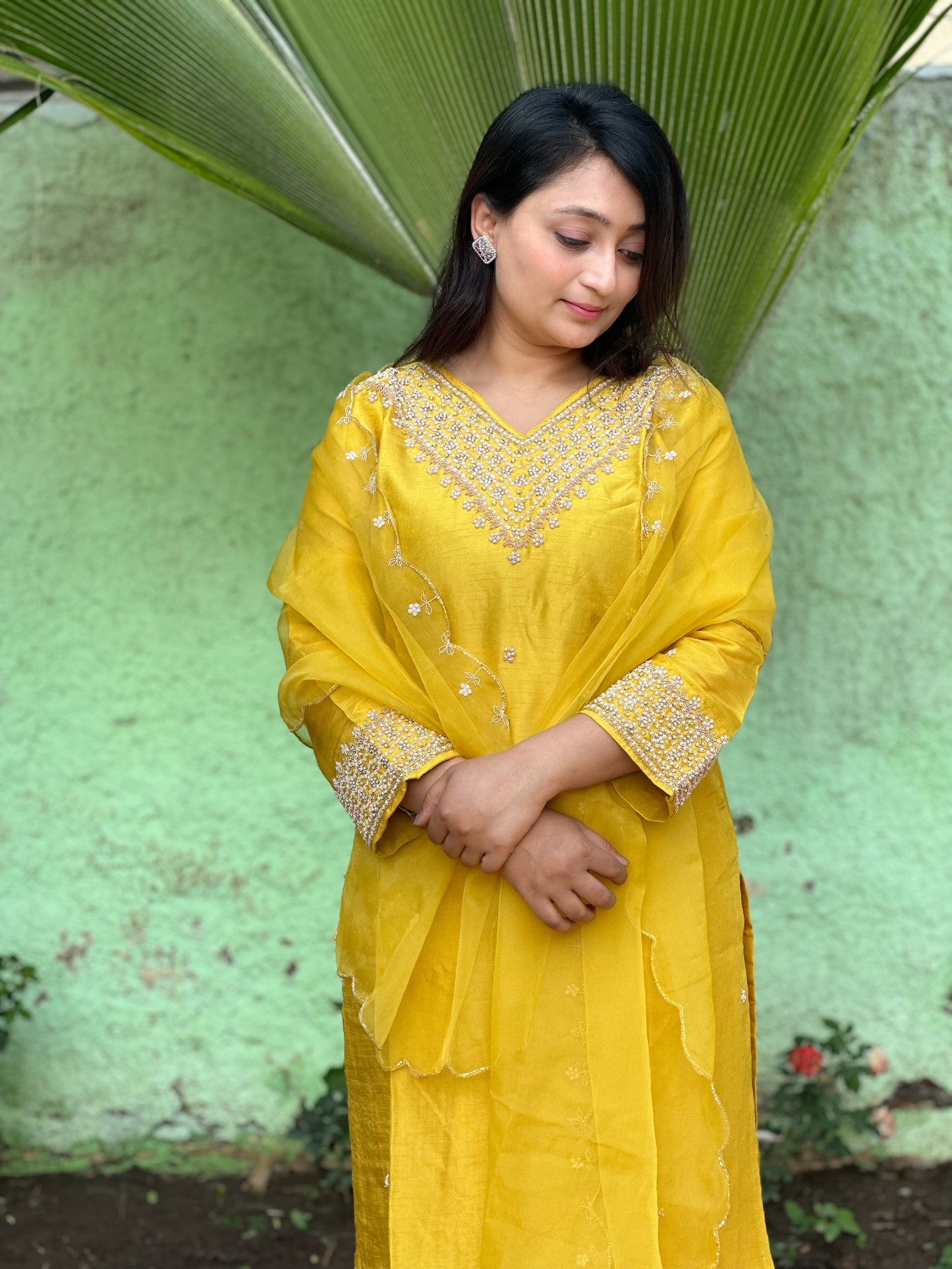 Embroidered Yellow Moti Silk Set