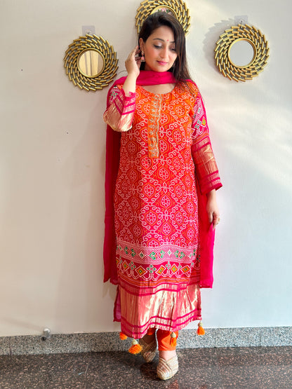 Dual Colour Bandhani Embroidered Gaji Silk Kurta Set with Dupatta and Pants.