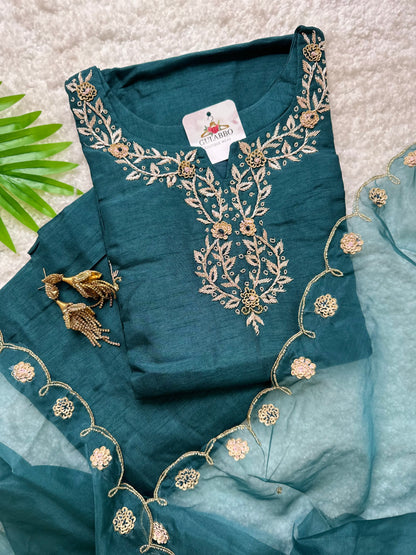 Peacock Green Embroidered Silk Set