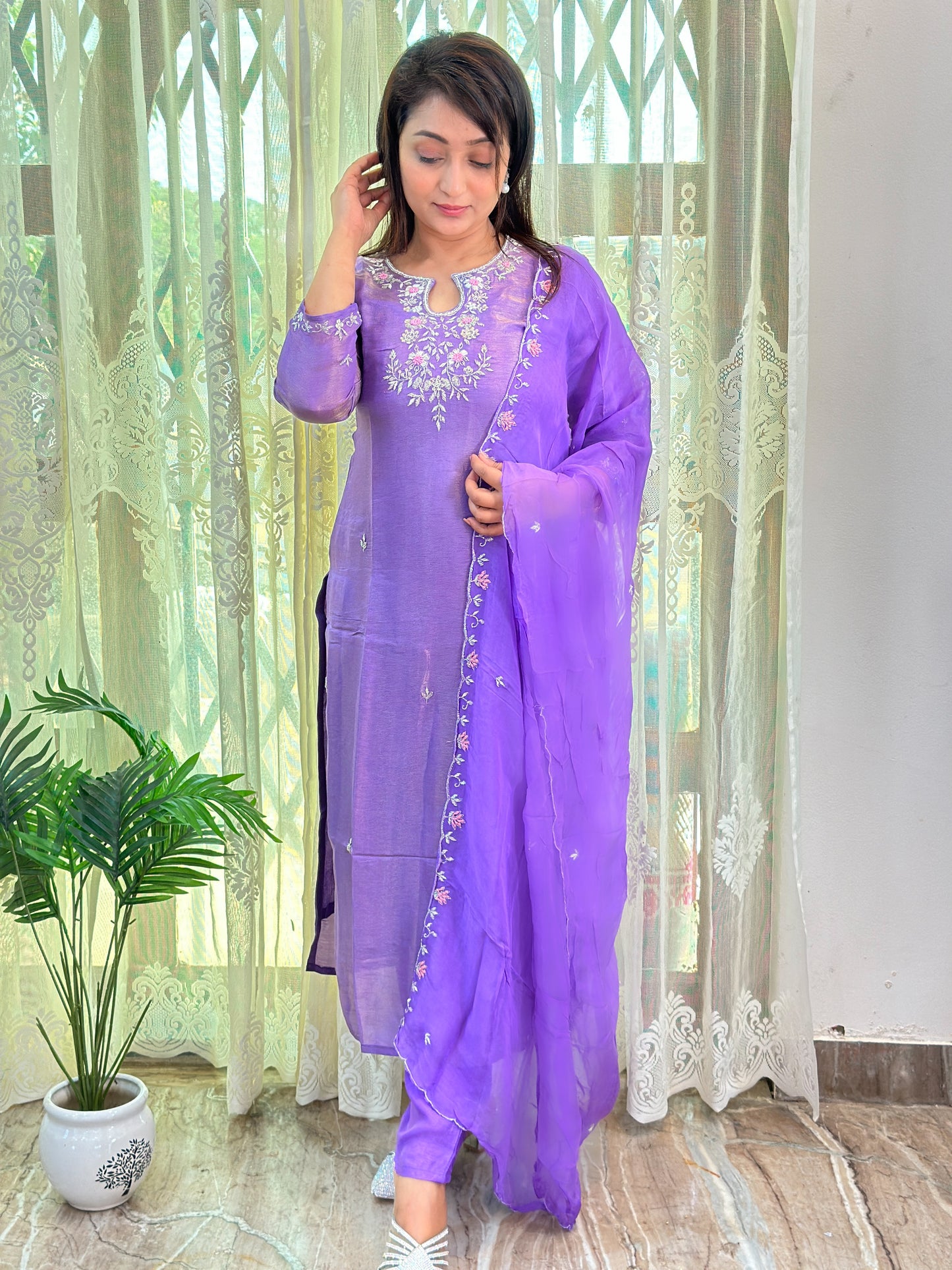 Lavender Tissue Silk Kurta Set