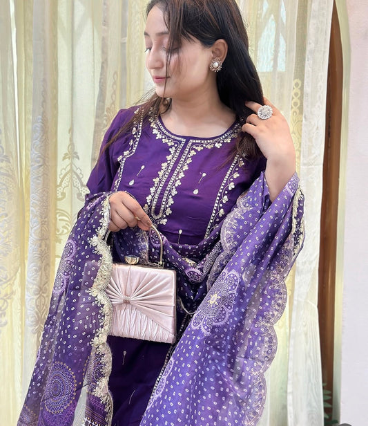Gota Patti embroidered kurta set in vibrant purple with scalloped Dupatta 