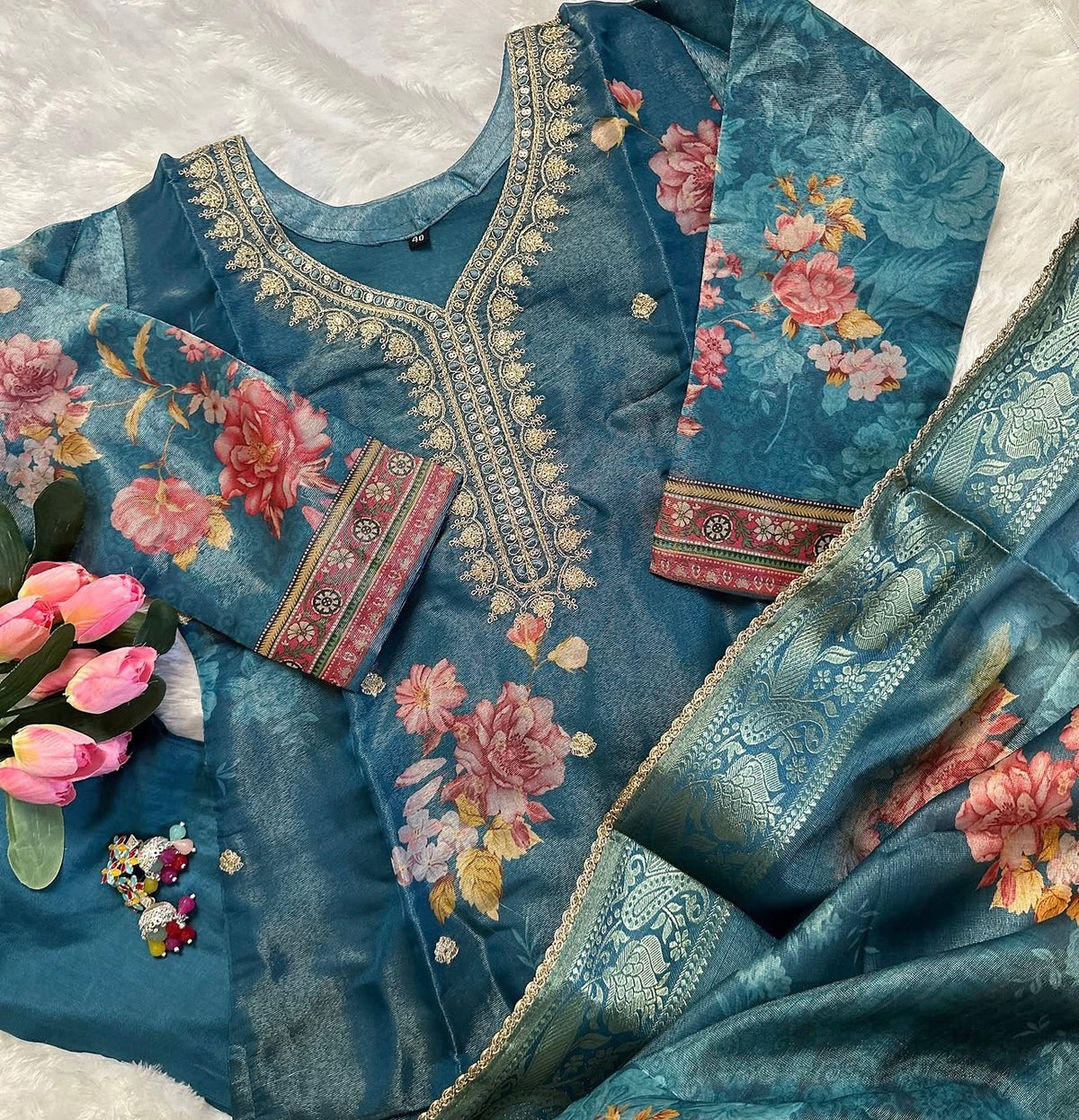 Classy Floral Organza Blue Kurta Set