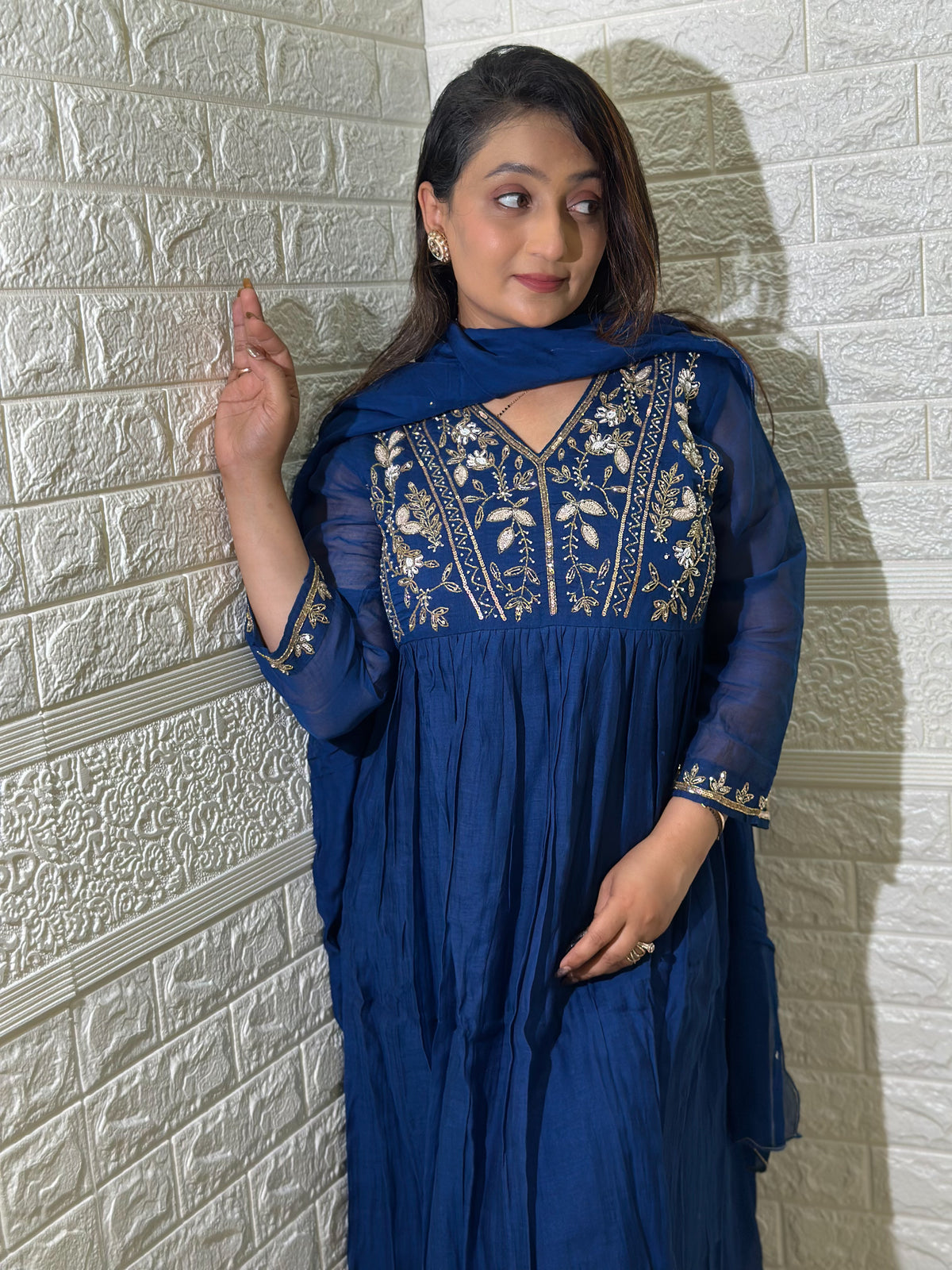 Embroidered Mul Chanderi Aline Kurta Set With Dupatta