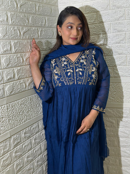 Embroidered Mul Chanderi Aline Kurta Set With Dupatta
