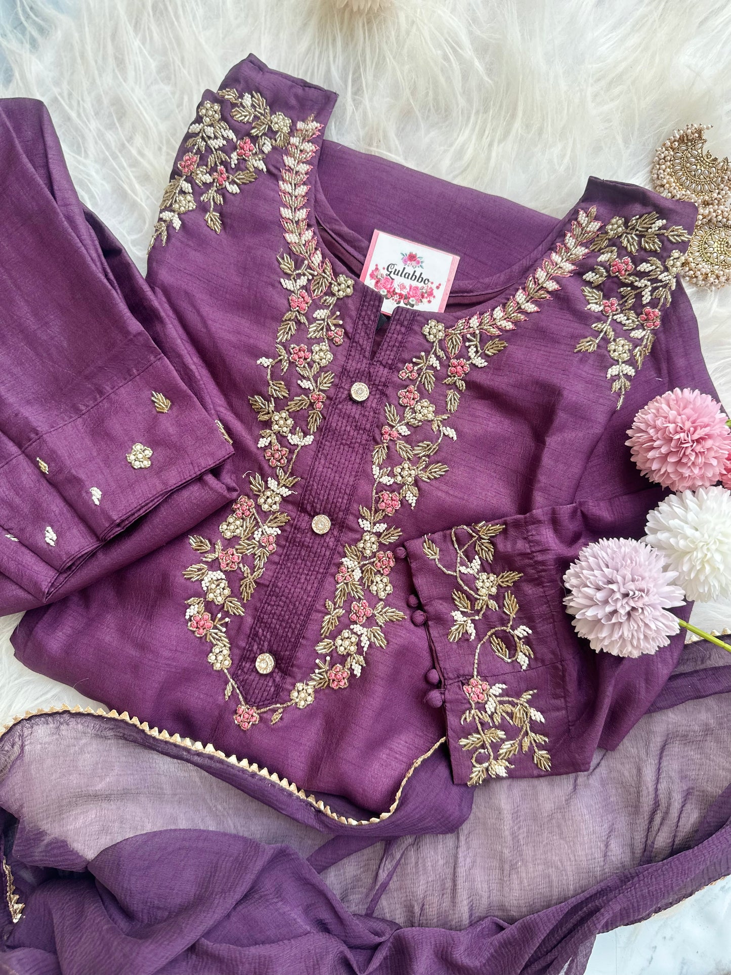 Handwork Purple Embroidered Silk Set