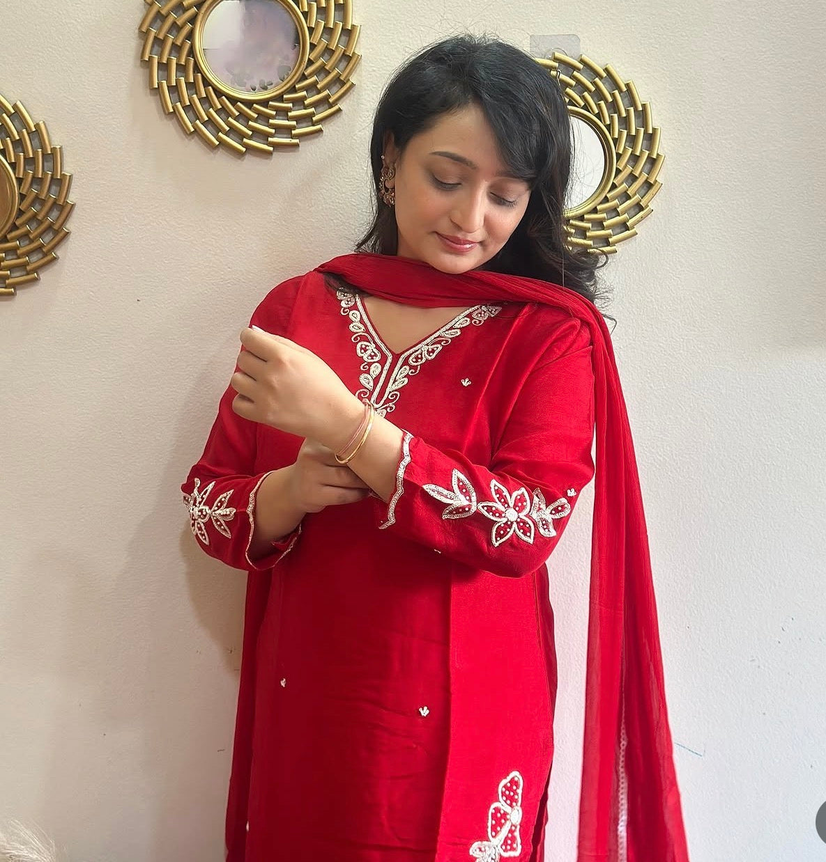 Beautiful Embroidered Red Dola Silk Kurta Set with Dupatta