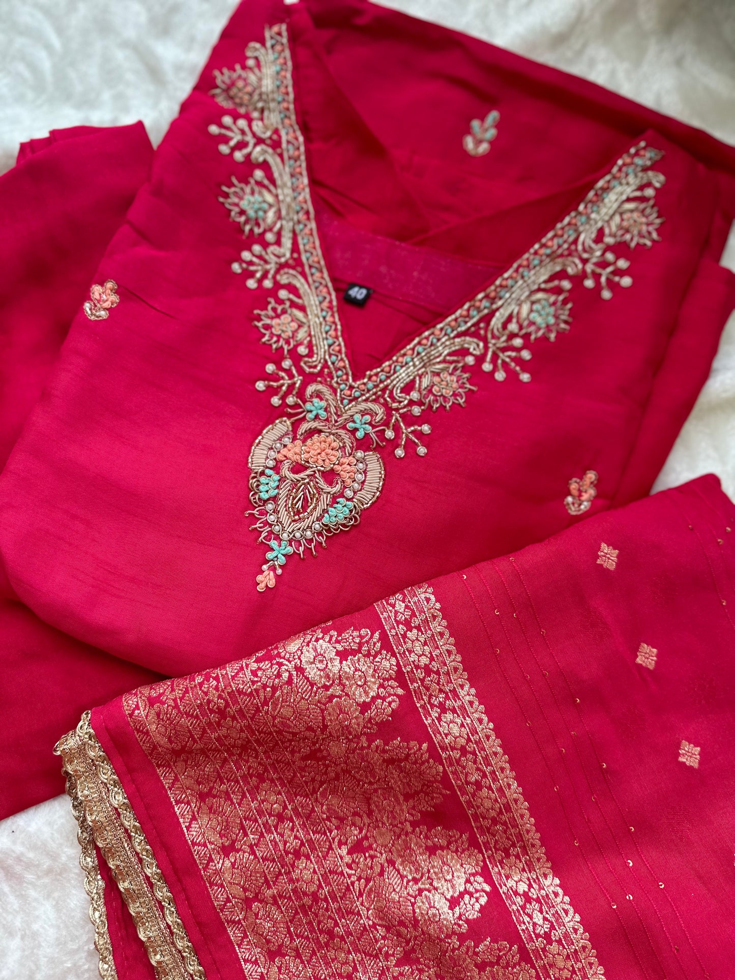 Silk Hand Embroidered Dress with banarasi dupatta