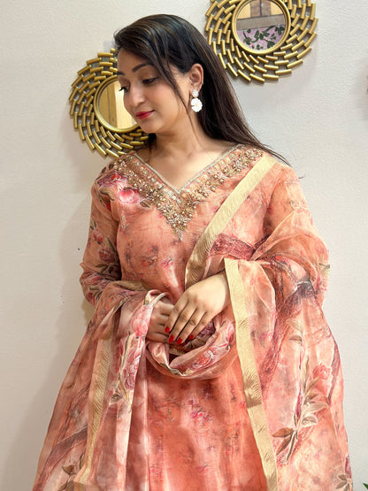 Embroidered Floral Organza Kurta Set