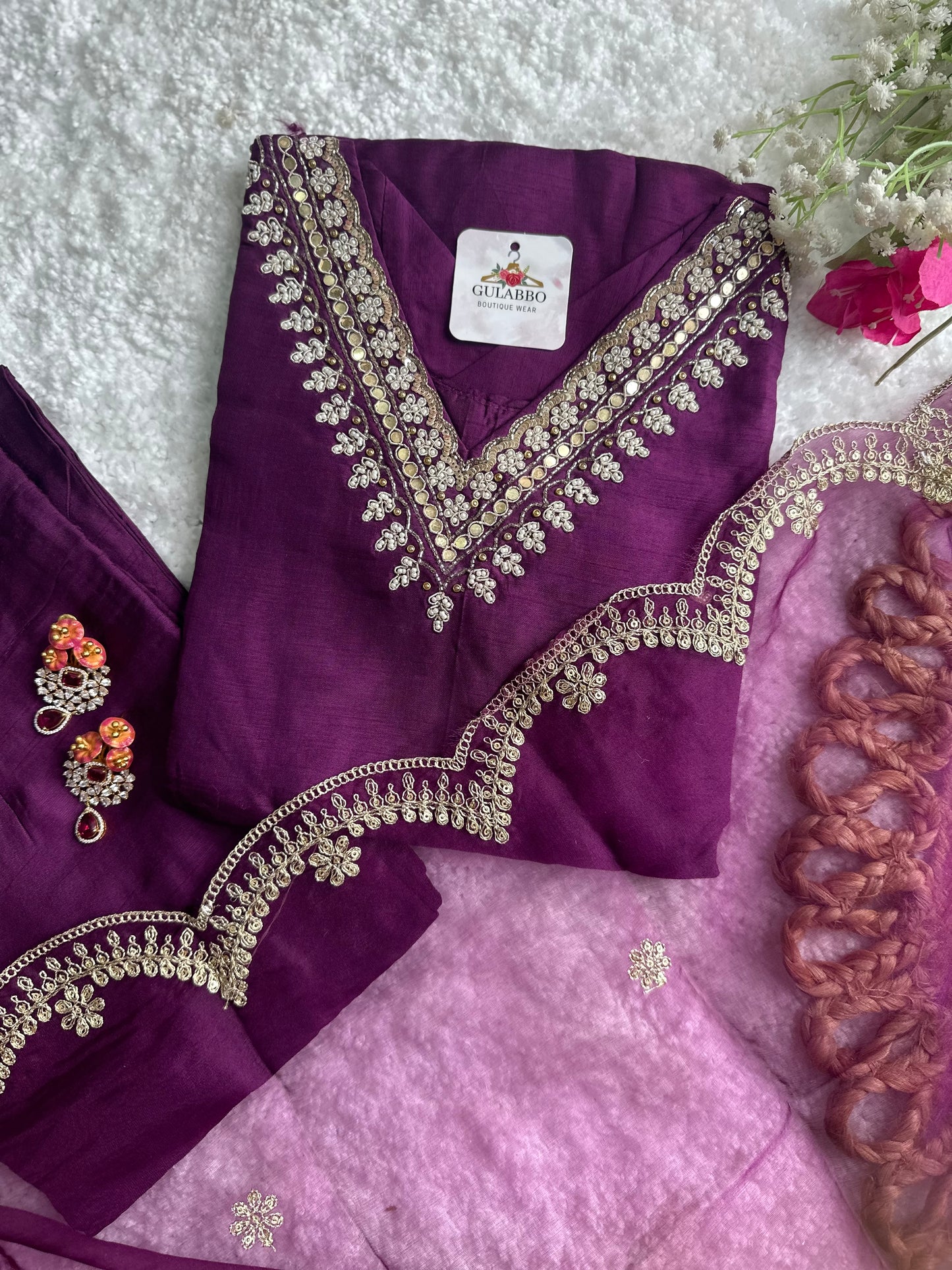 Embroidered Kurta Set With Scalloped Dupatta.