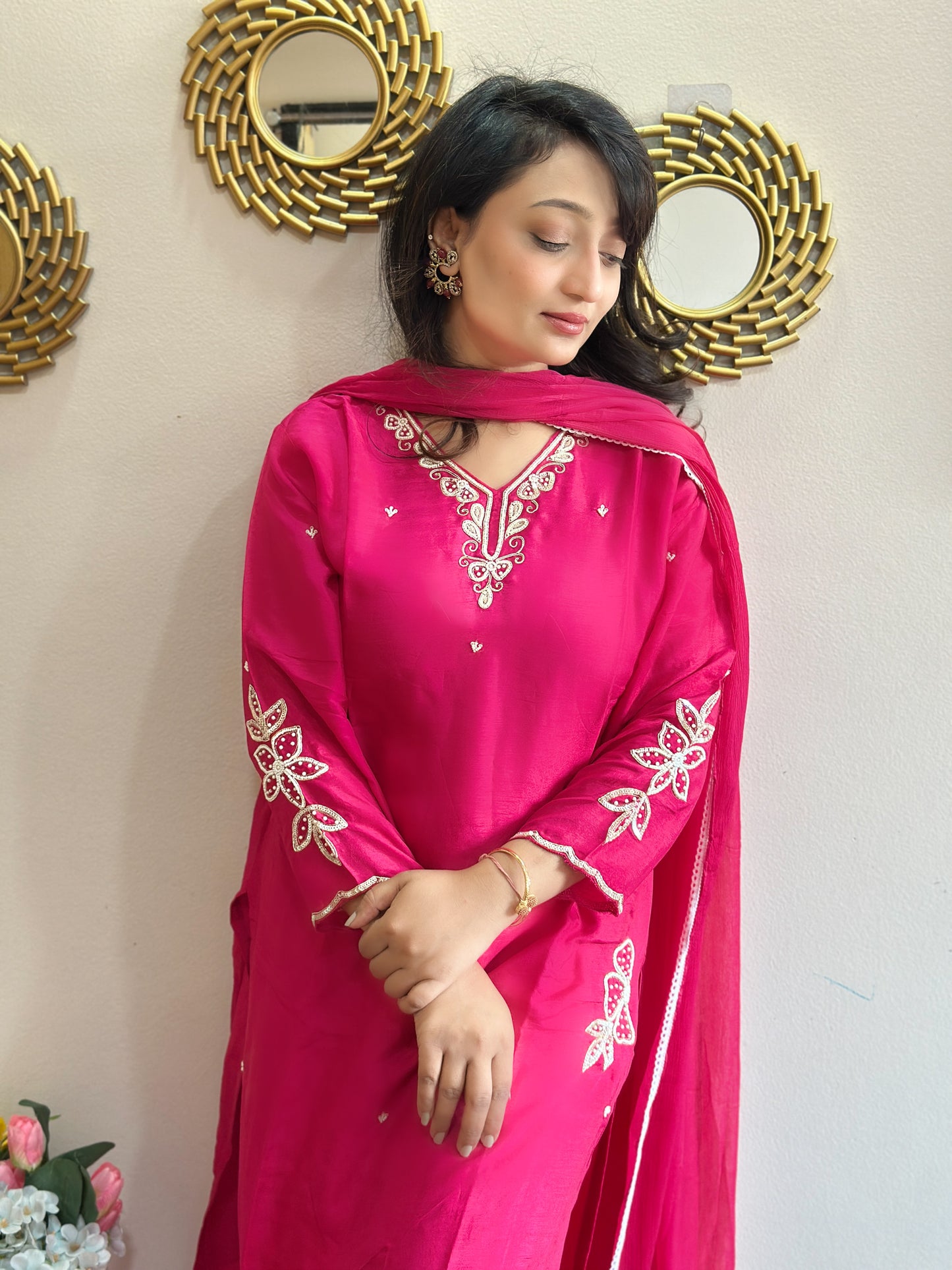 Embroidered Dola Silk Kurta Set