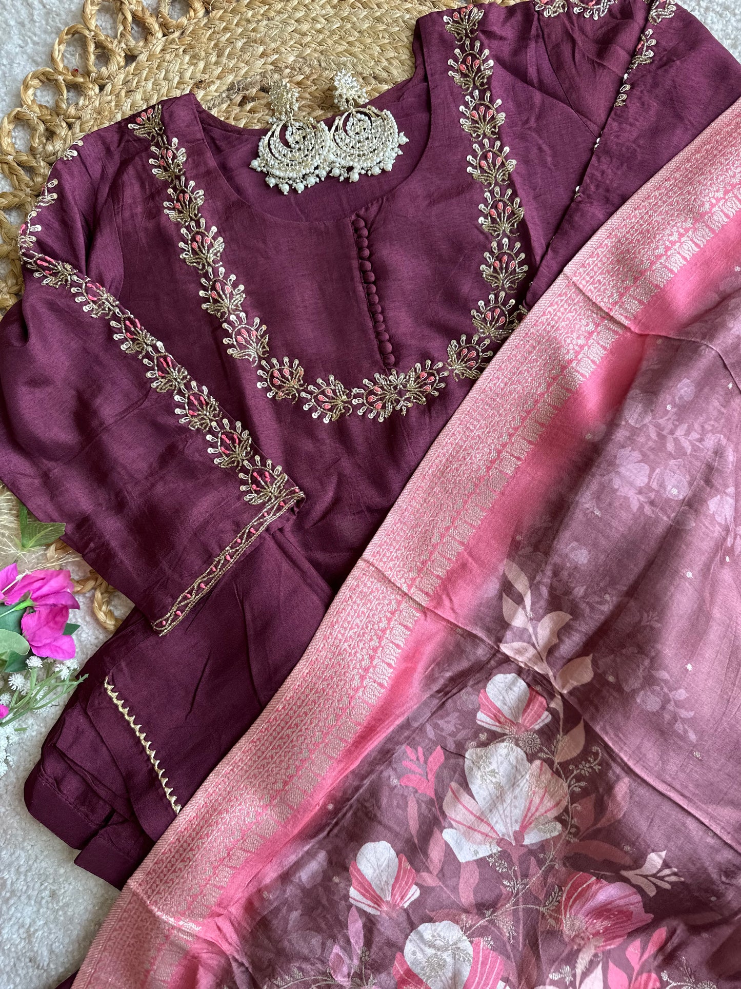 Embroidered Kurta Set with printed dupatta