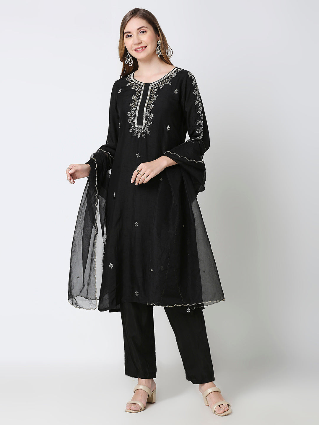 Black Embroidered Kurti With Organza Dupatta