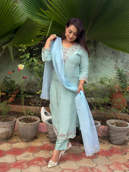 Sea Green Tissue Silk Embroidered Kurta Set