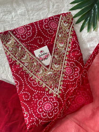 Red Embroidered Dola Silk Bandhej Kurti