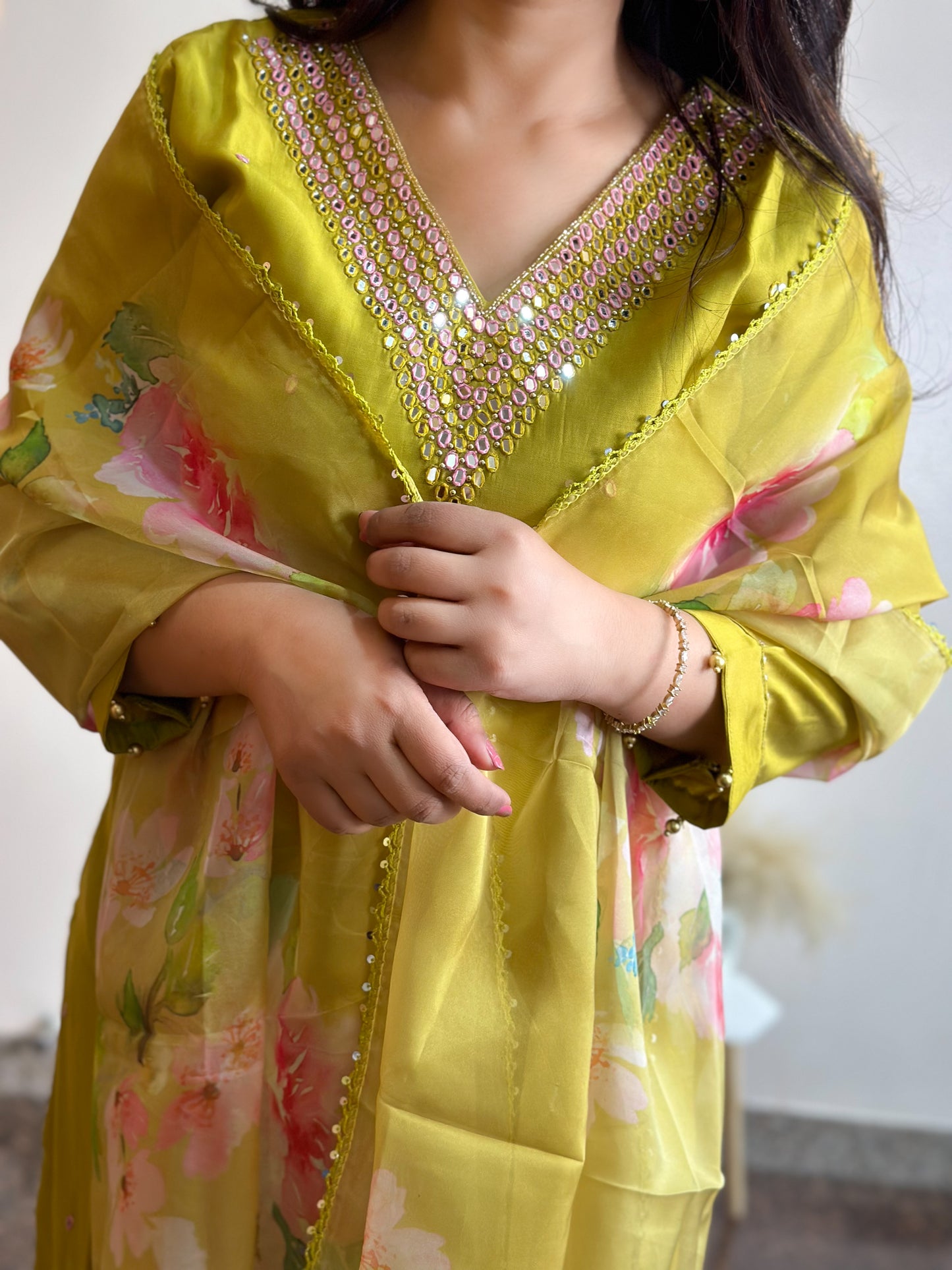 Silk Kurta Set with Floral Organza Dupatta