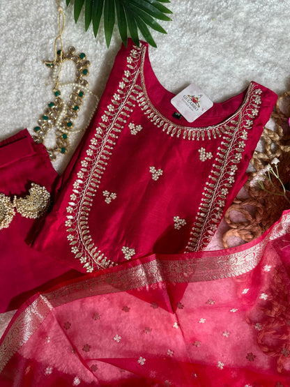 Festive Red Embroidered Silk Set