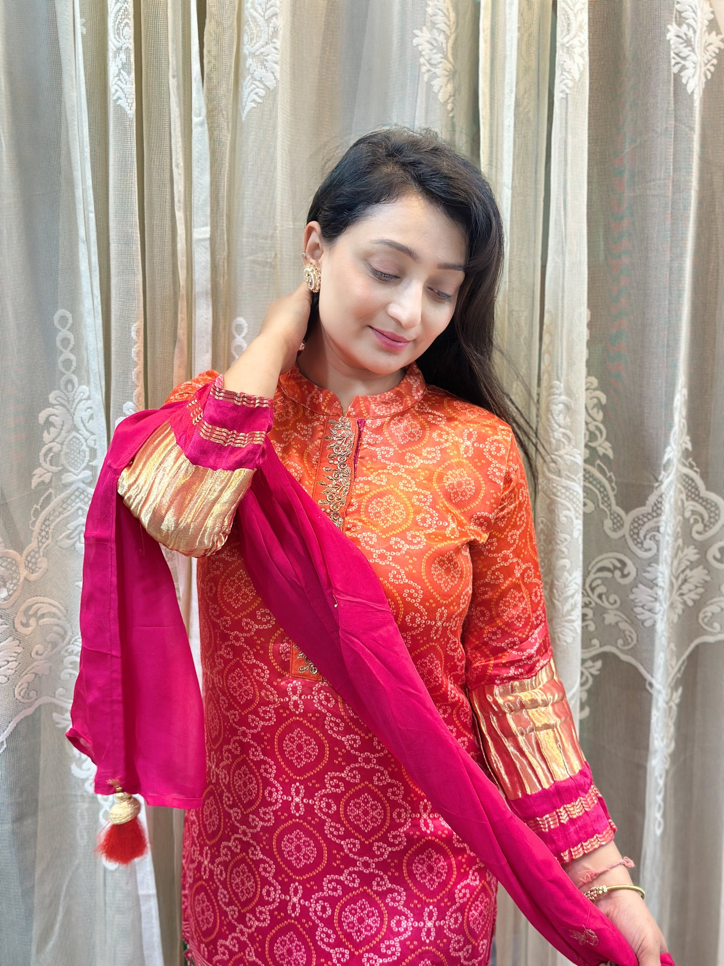 Beautiful Embroidered Gaji Silk Bandhani Dual-Color Ombré Kurta Set