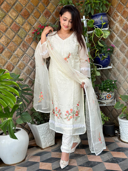 White Organza Embroidered Suit Set