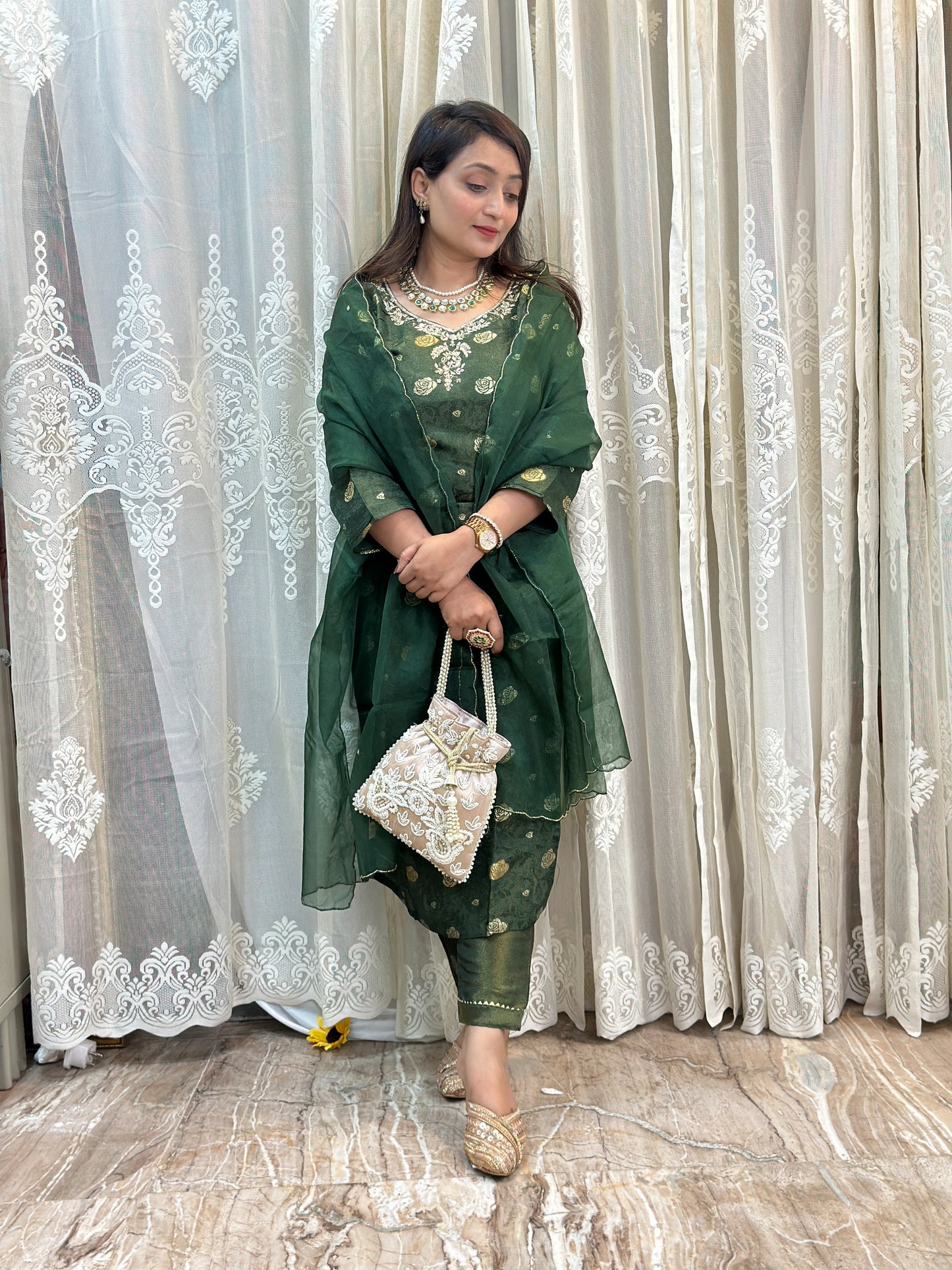 Bottle Green Embroidered Tissue Silk Kurta Set