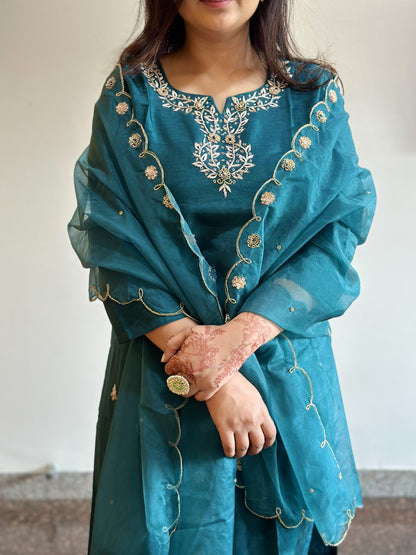 Peacock Green Embroidered Silk Set