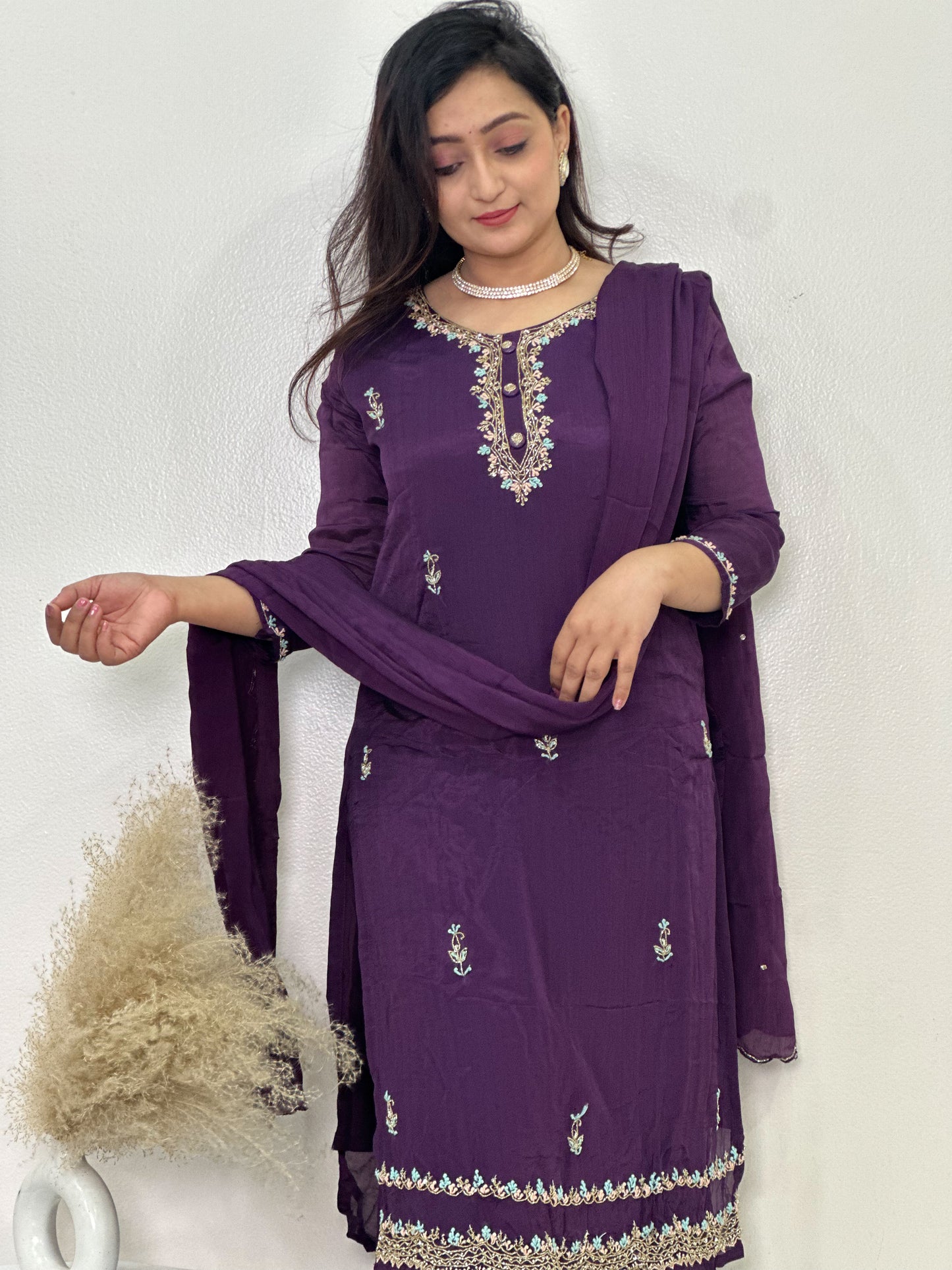 Embroidered Chinon Sharara Set