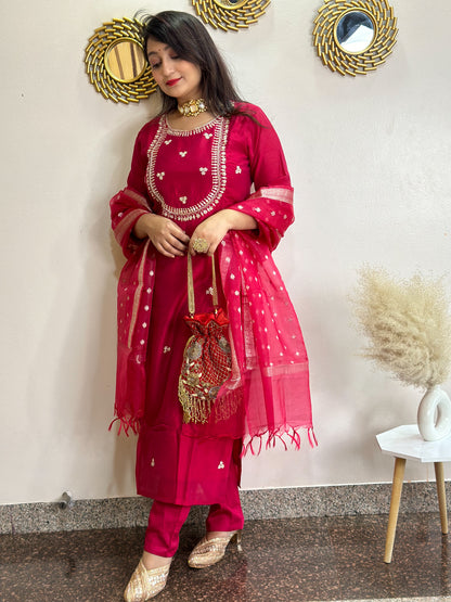 Festive Red Embroidered Silk Set