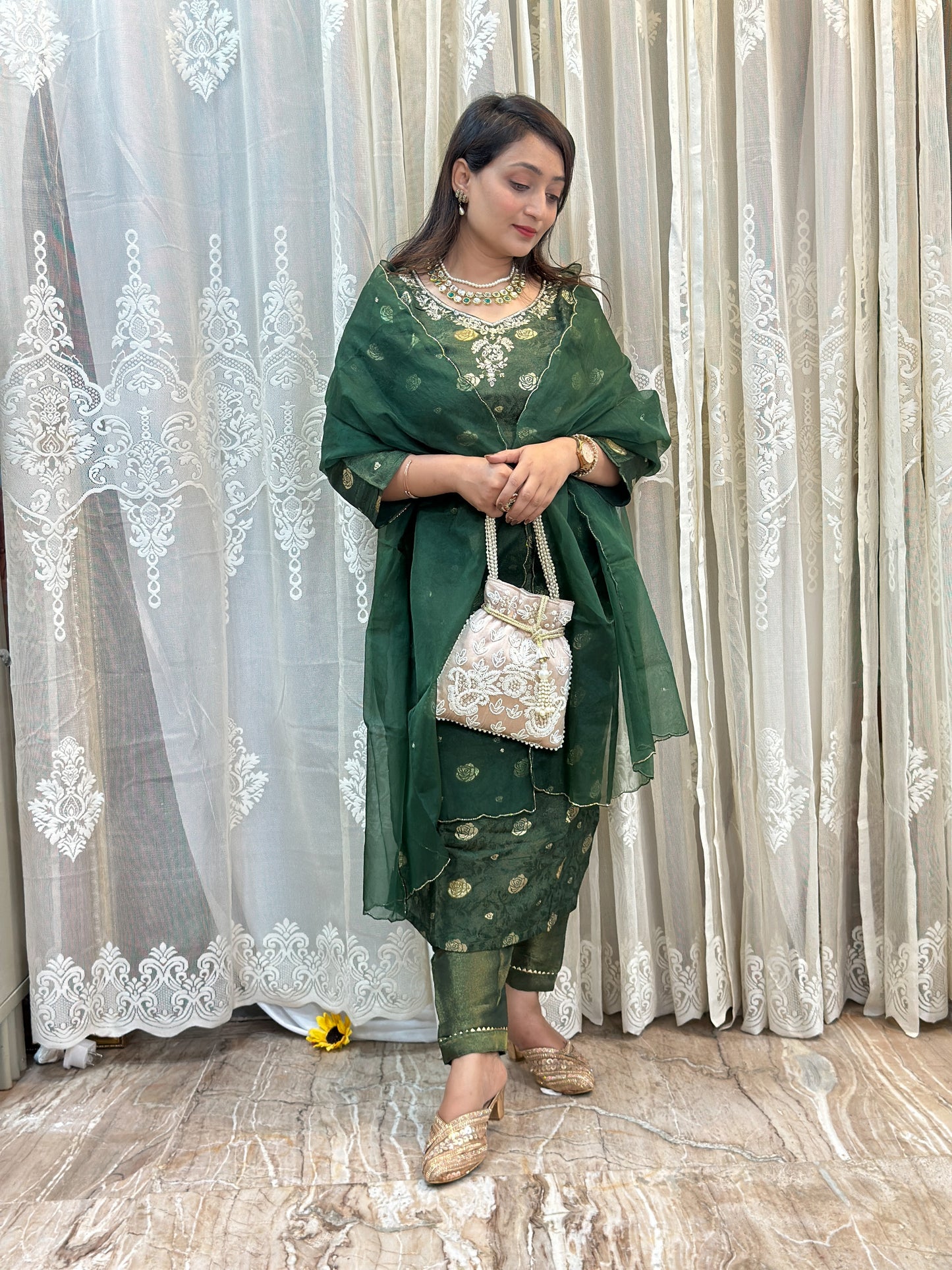 Bottle Green Embroidered Tissue Silk Kurta Set