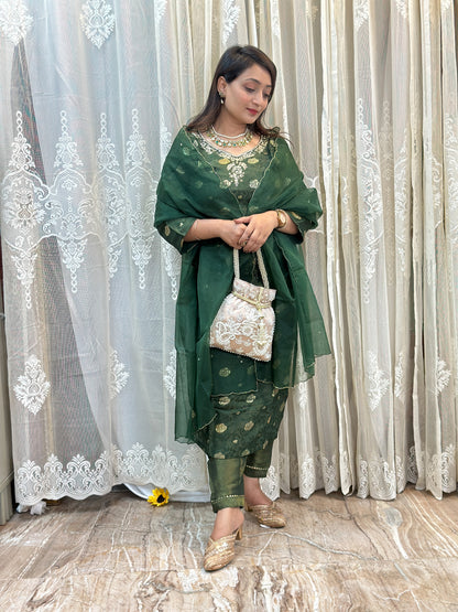 Bottle Green Embroidered Tissue Silk Kurta Set