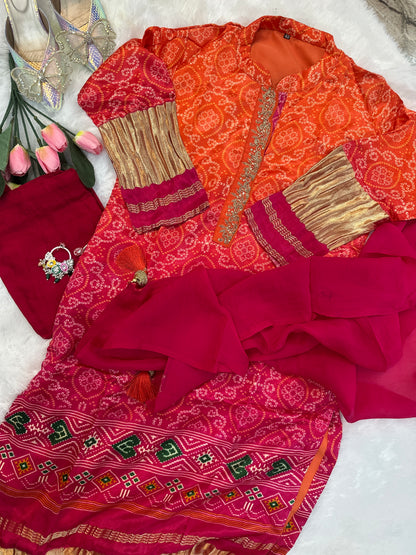Beautiful Embroidered Gaji Silk Bandhani Dual-Color Ombré Kurta Set