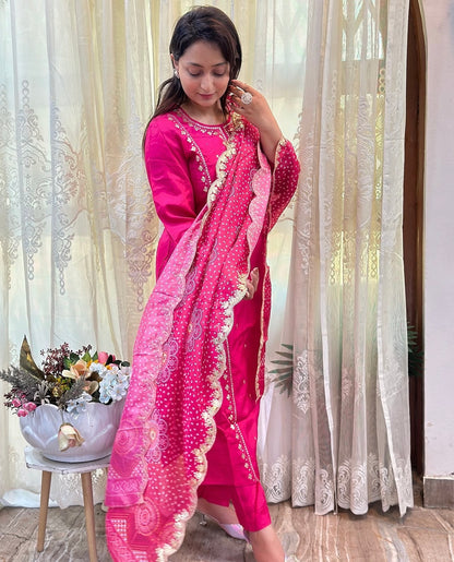 Gota Patti embroidered kurta set in vibrant pink with scalloped Dupatta 