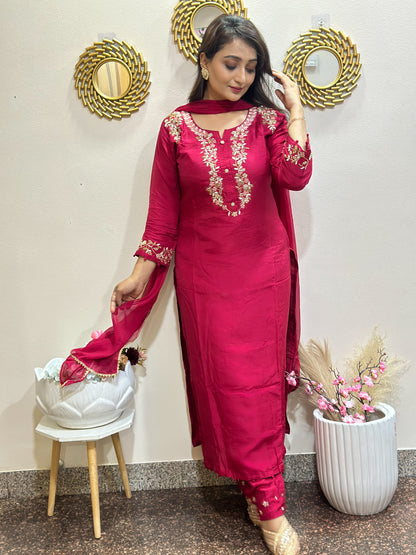 Handwork red embroidered kurti set