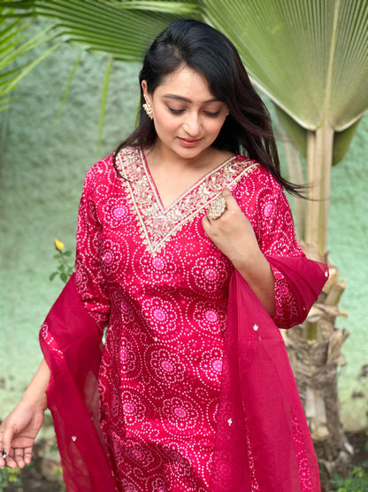 Pink Embroidered Dola Silk Bandhej Kurti