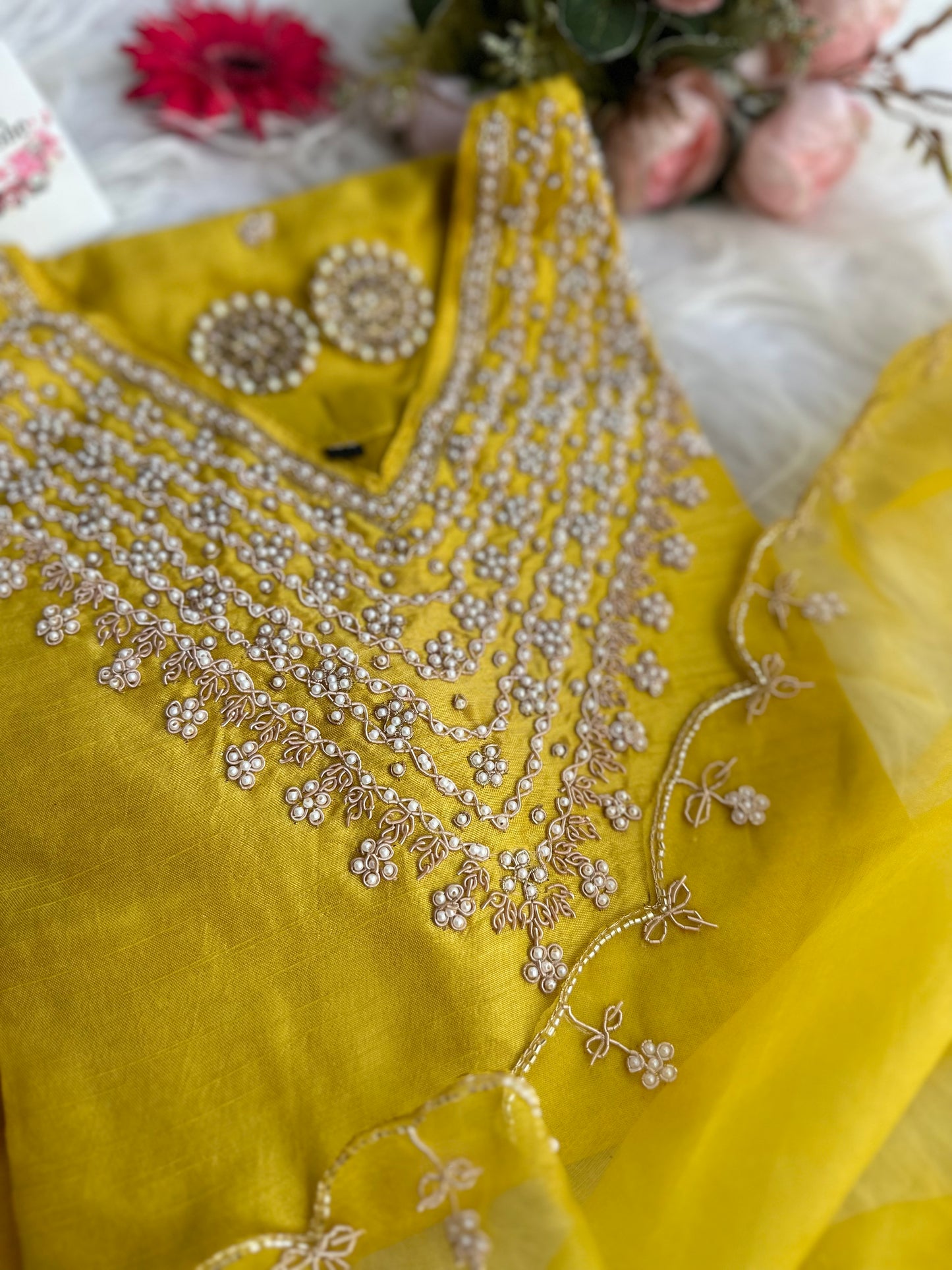 Embroidered Yellow Moti Silk Set